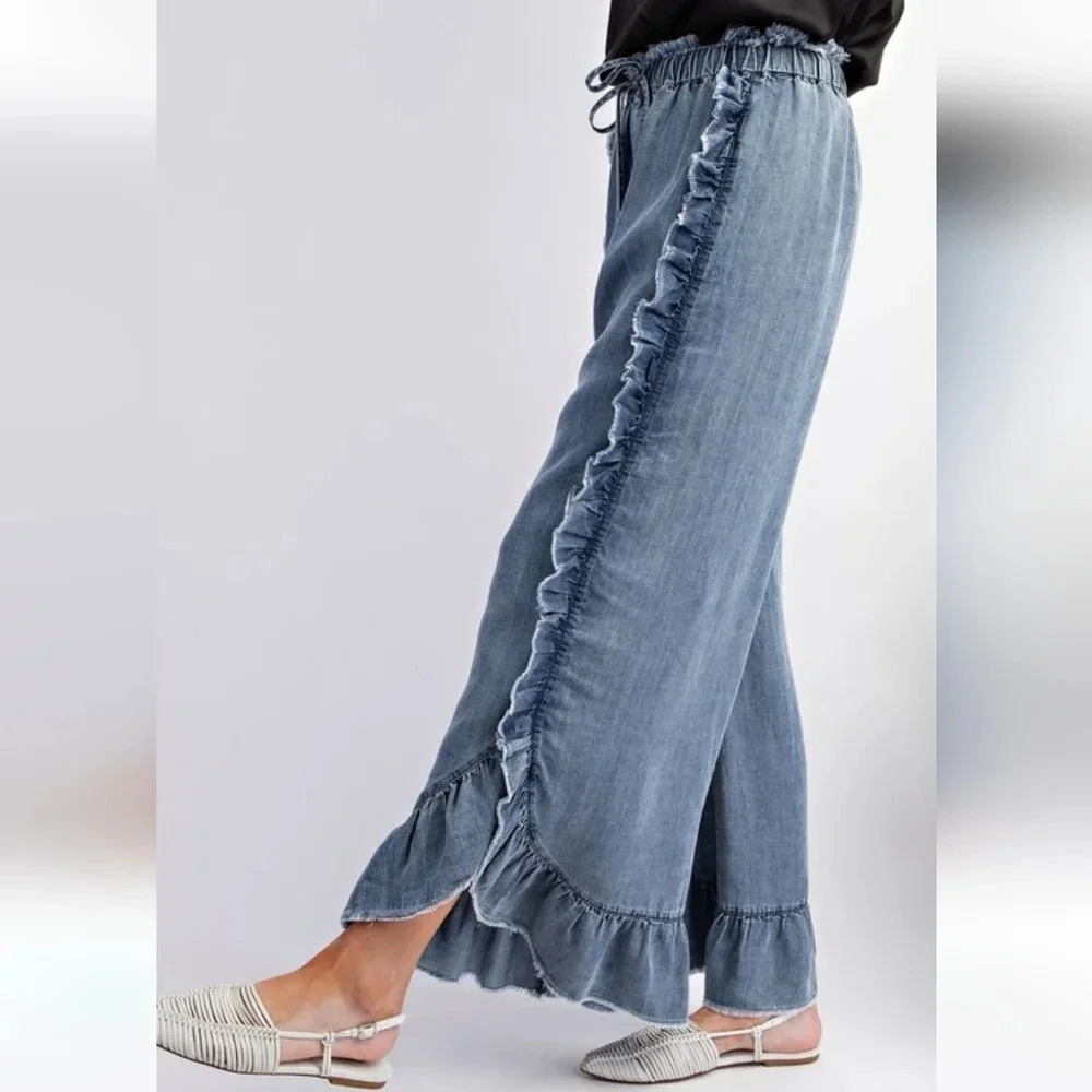 Easel Blue Washed Denim Ruffle Chambray Relaxed Fit Pants New - Picture 3 of 5